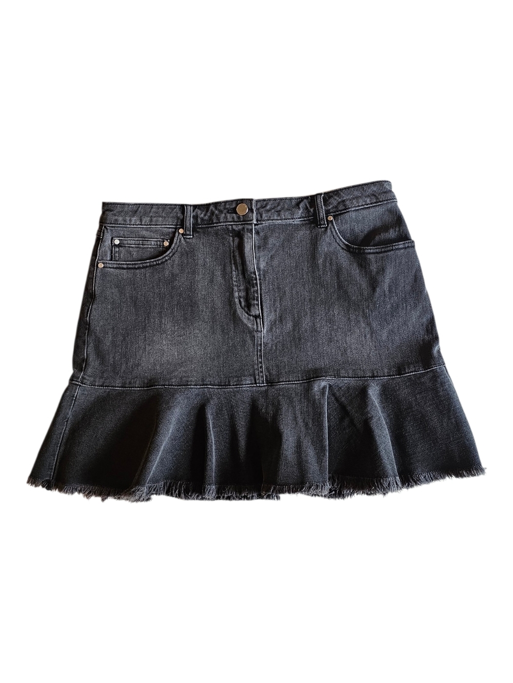 Michael Kors Denim Drop Waist Ruffle Skirt Size 12 Black Gray Y2K Indie Sleeze